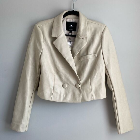 7 For All Mankind Creme Faux Leather Collared Buttoned Lined Jacket Small NWT - Picture 1 of 6